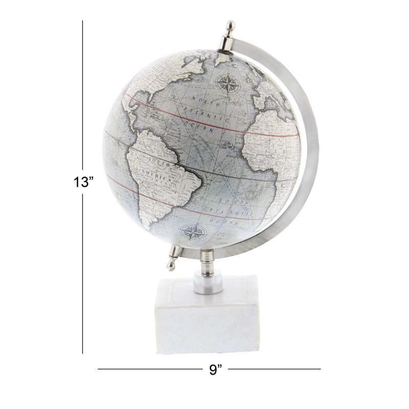 Globe terrestre éducatif en marbre blanc avec base en marbre, H 13,55 po x l 8 po x P 9 po, Vert