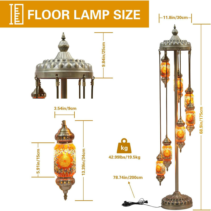 68" Turkish Mosaic Floor Lamp - Handmade Stained Glass Bohemian Floor Light, 7 Shades 8 E12 Bulbs Included, Vintage Ethnic Decor for Living Room, Bedroom