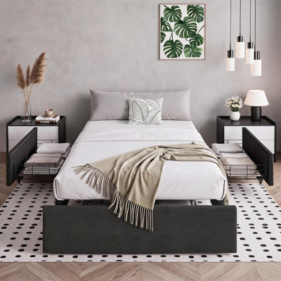 Upholstered Bed Frame, with 3 Underbed Storage Drawers