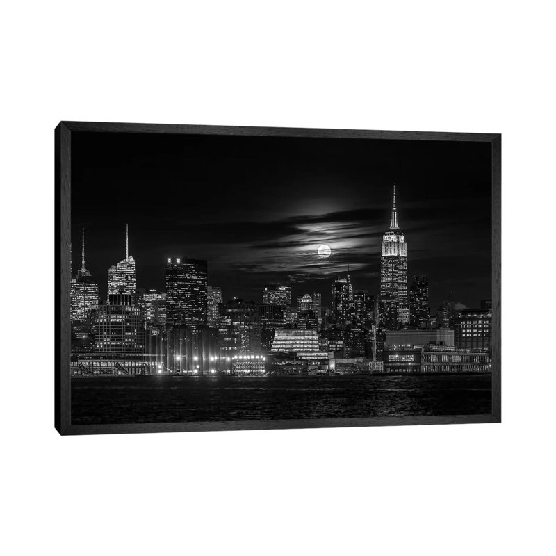 Manhattan At Night by Hua Zhu - Print on Canvas, 66.04cm H x 101.6cm W x 3.81cm D, Black Framed