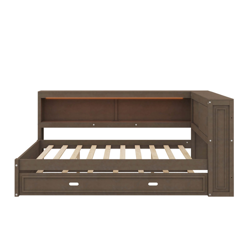 Lit de jour multifonctionnel en L avec lit gigogne, tablettes de rangement, ports USB et éclairage DEL, Bois antique