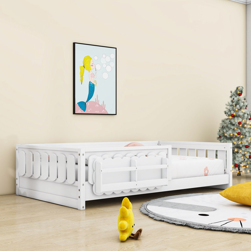 Lit plateforme avec garde-corps et tablettes de rangement, Simple, Blanc