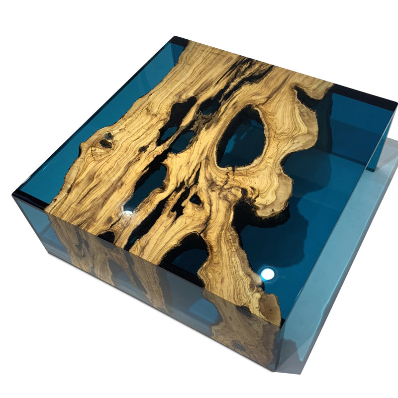 Coffee Table, 13.7'' H x 39.4" L x 39.4" W, Blue/Natural Wood