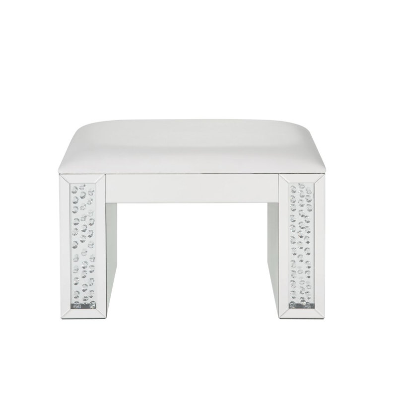 Nysa Ivory Synthetic Leather , Mirrored & Faux Crystals Vanity Stool (Assembled)