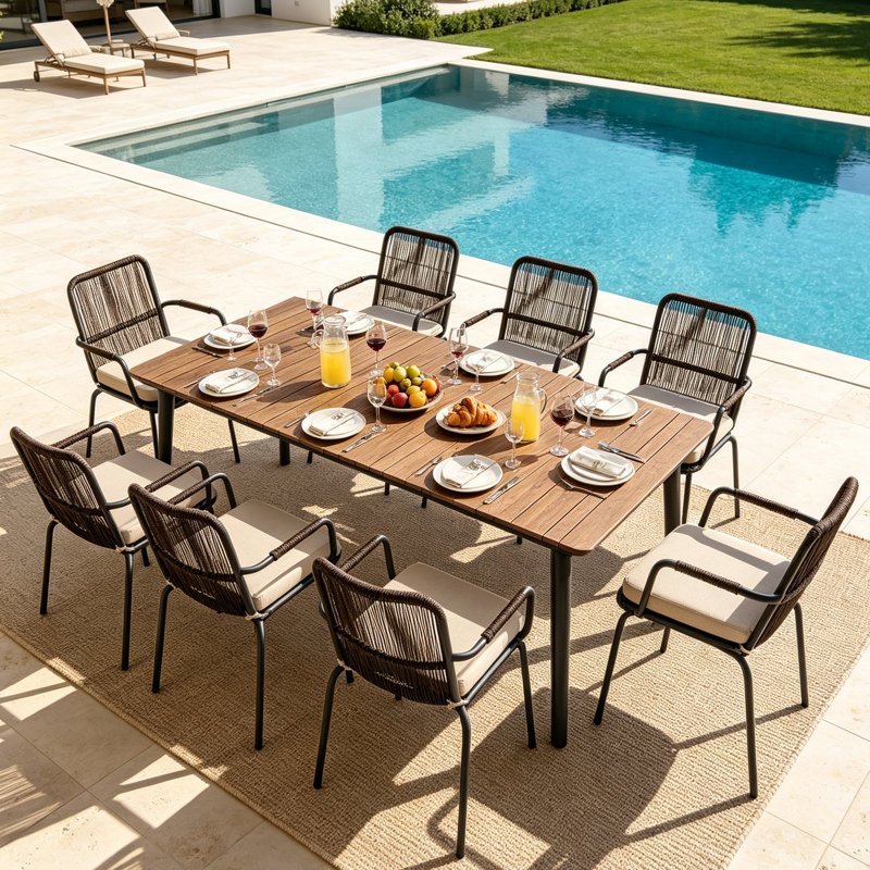Ensemble repas pour terrasse pour 8 personnes de L 77,95 po avec 8 chaises en rotin, 28.74" H x 77.95" W x 37.4" D, 8
