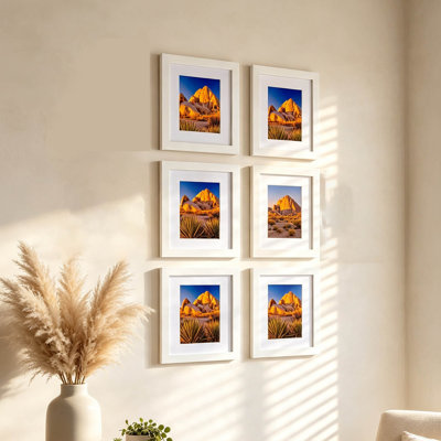 Set of 6 White 8×10 Picture Frames, MDF Wall Mount Frames with PS Glass & Acid-Free Mat – Horizontal/Vertical Display for Photos, Art, Certificates