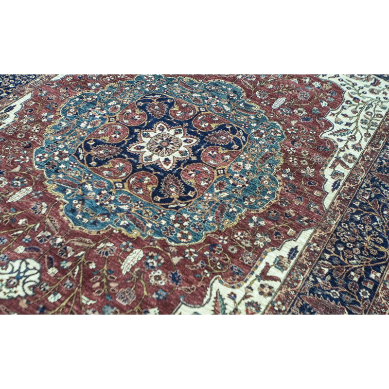 Tapis rouge et bleu noué à la main de haute qualité