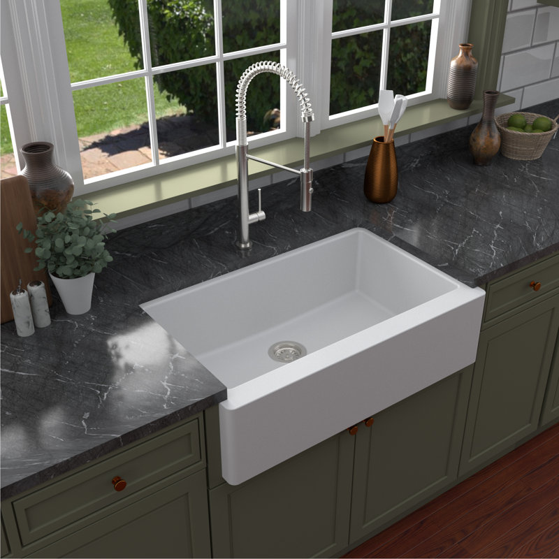 Karran Quartz 34'' X 21-1/4'' Single Bowl Farmhouse/Apron Front Kitchen Sink Kit, White