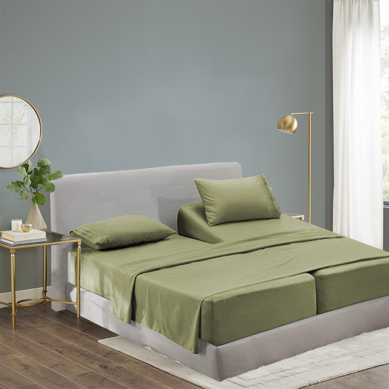  Ensemble de draps 1800 fils en rayonne de bambou, Vert sauge, Très grand