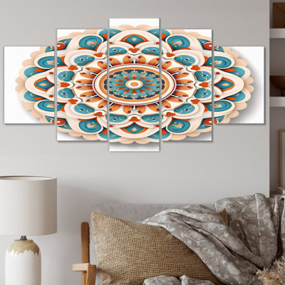 Mandala sacré en bleu rétro - décoration murale mandala boho - 5 panneaux