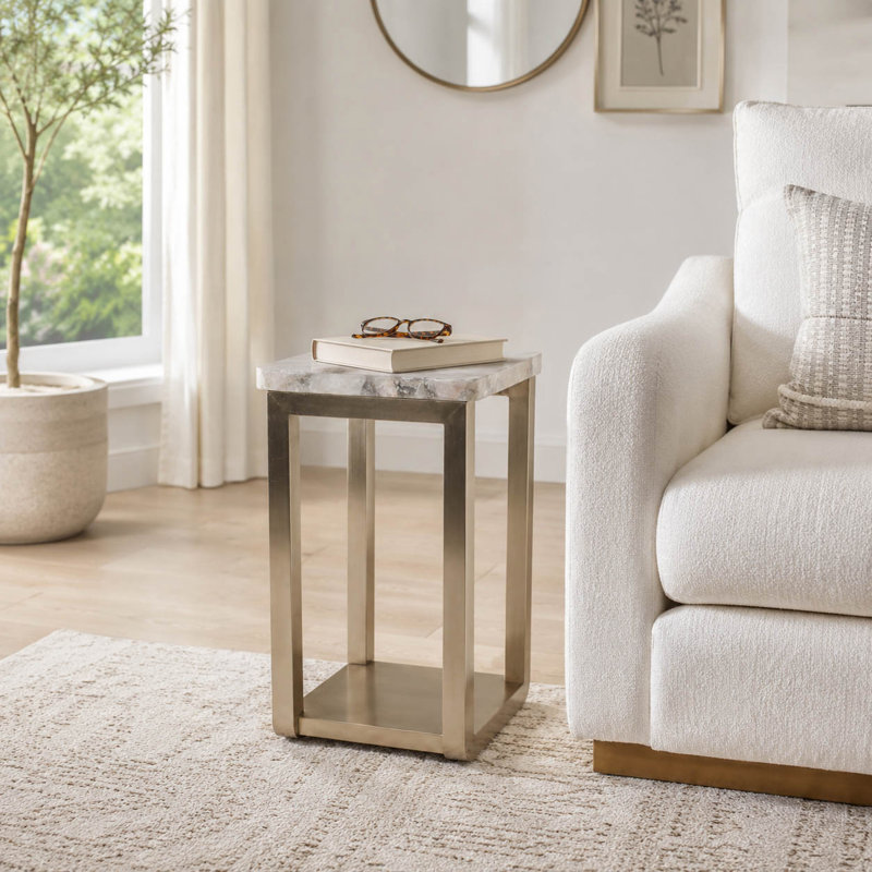 Table d'appoint contemporaine en pierre d'agate pour le salon - Table d'appoint carrée et étroite avec piètement en fer - 63,5 cm, blanc et or