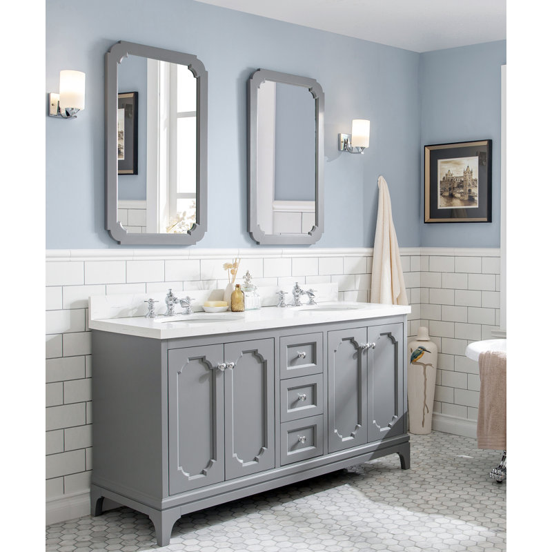 Bernardo Queen 72" Sink Carrara Quartz Countertop Bath Vanity with Faucet, Pure White, Waterfall, 60"