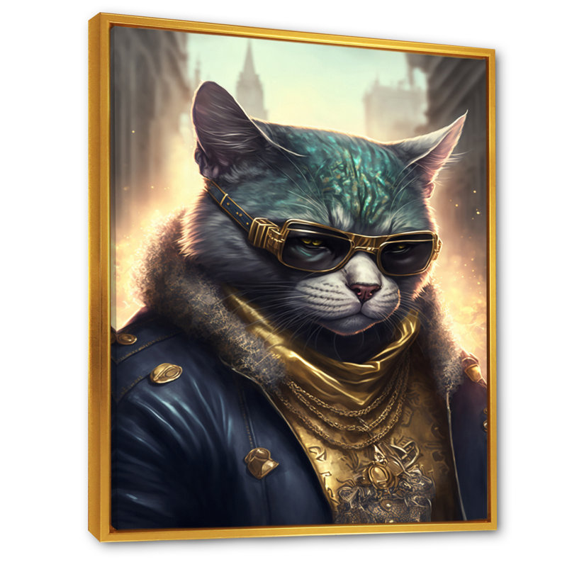 «Cat Gangster in NYC I», impression sur toile, H 40 po x l 30 po x P 1,5 po, Toile avec cadre flottant or