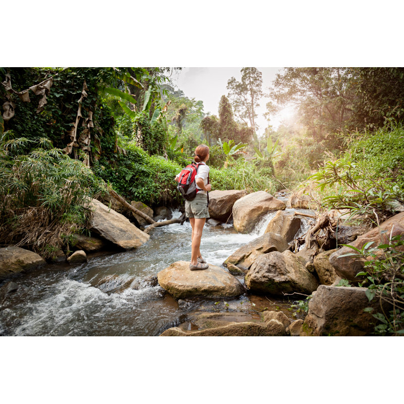 Femme faisant de la randonnée dans la forêt tropicale par Fredfroese, H 32 po x l 48 po