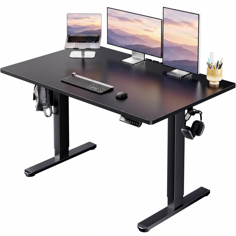 Bureau assis-debout électrique réglable en hauteur, bureau d'ordinateur, bureau de jeu avec 4 positions mémorisables, gestion des câbles, pieds et crochets de nivellement, noir