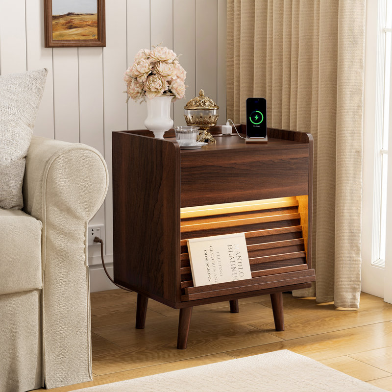 Modern 2-drawer Nightstand With Outlets & Led Light (set Of 2), Brown