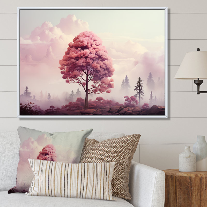 «Mystic Pink Trees In Amethyst Landscape V», reproduction sur toile, Cadre flottant blanc, H 16 po x l 32 po x P 1 po