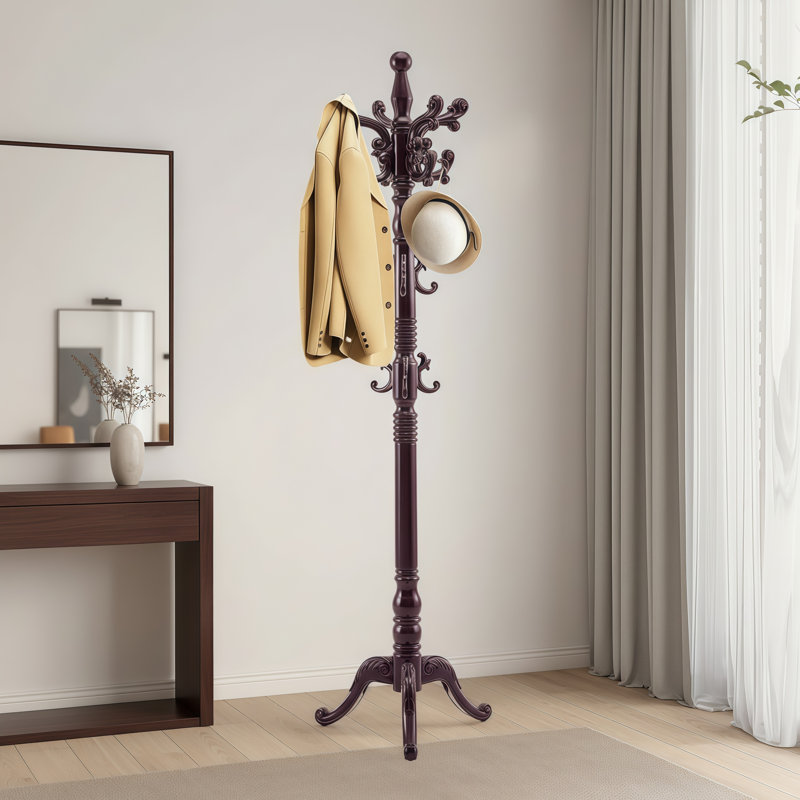 Retro Solid Wood Floor Coat Rack With A Stable Triangular Base And 14 Hooks For Convenient Storage. Suitable For Entryways And Offices, Its Simple Design Exudes Understated Elegance.