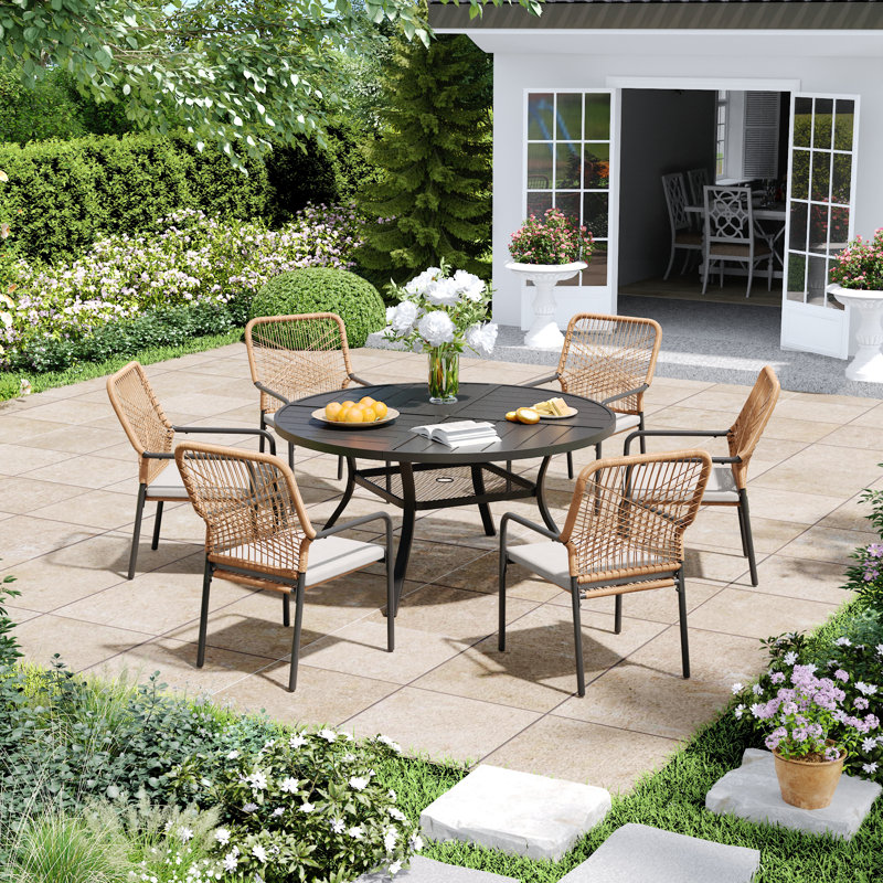 6-Person Outdoor Dining Set With Stackable Rattan Chairs, Black