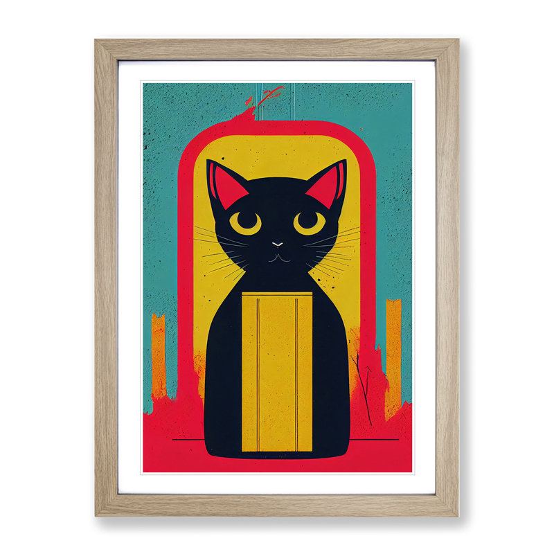 Cute Kitty Cat Abstract - Single Picture Frame Print, 46cm H x 34cm W x 2cm D, Oak