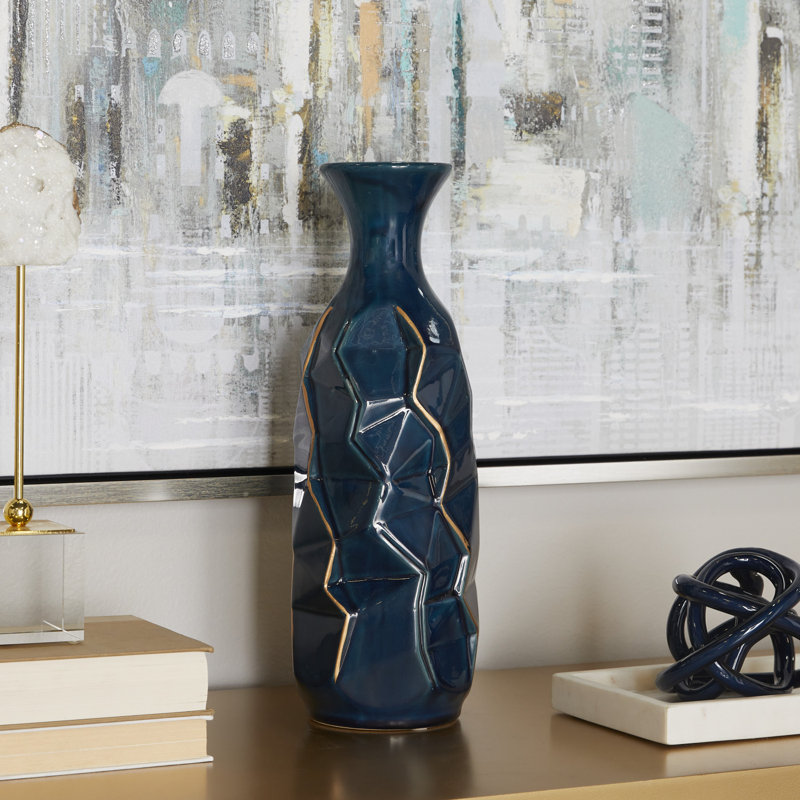 Renick Ceramic Faceted Decorative Teal Vase with Gold Accents, 16" H x 5" W x  5" D