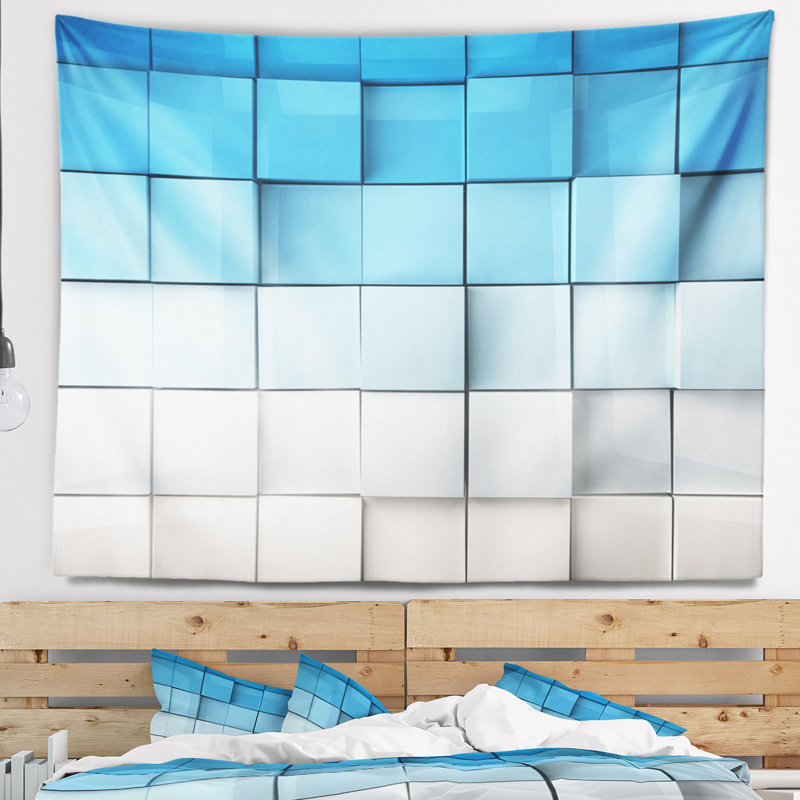 Tapisserie de cubes de mosaïque bleue et blanche, H 50 po x l 60 po