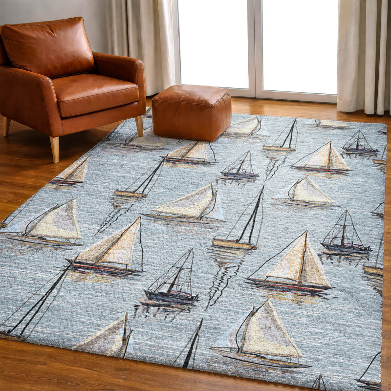 Premium Machine Washable Dream Shag ADS153 Sailboat Rug, Sky, 3' x 5'