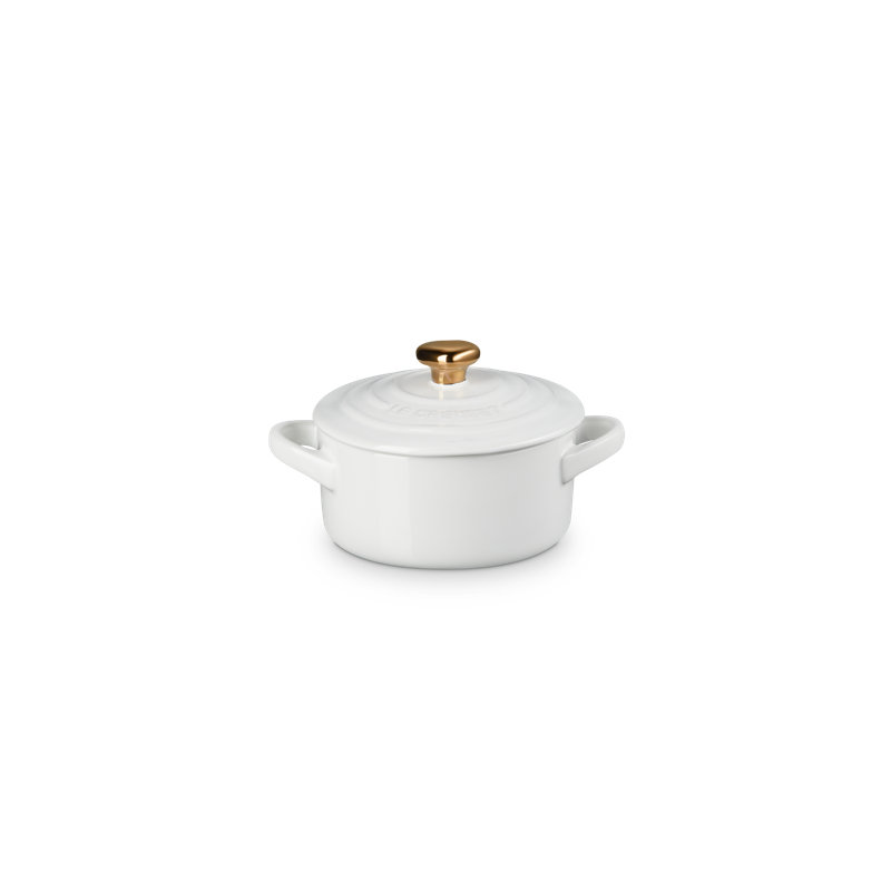 Le Creuset Stoneware Classic Round Mini Cocotte 8 Oz White Heart Gold Knob, White
