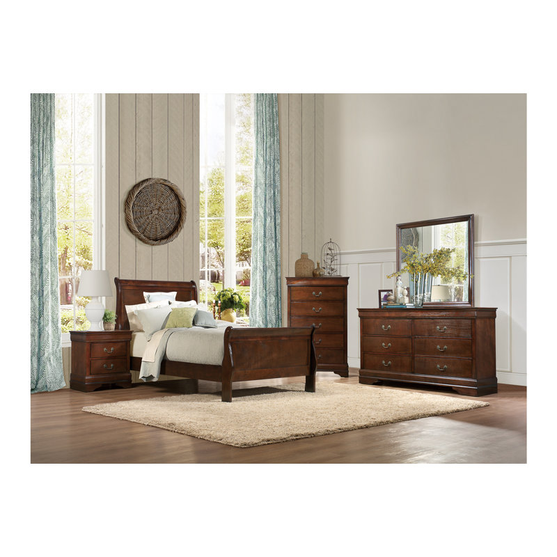 Ensemble de chambre à coucher avec lit-bateau Arryanna 3 pièces: lit, commode, miroir, Double, Cerisier brun bruni