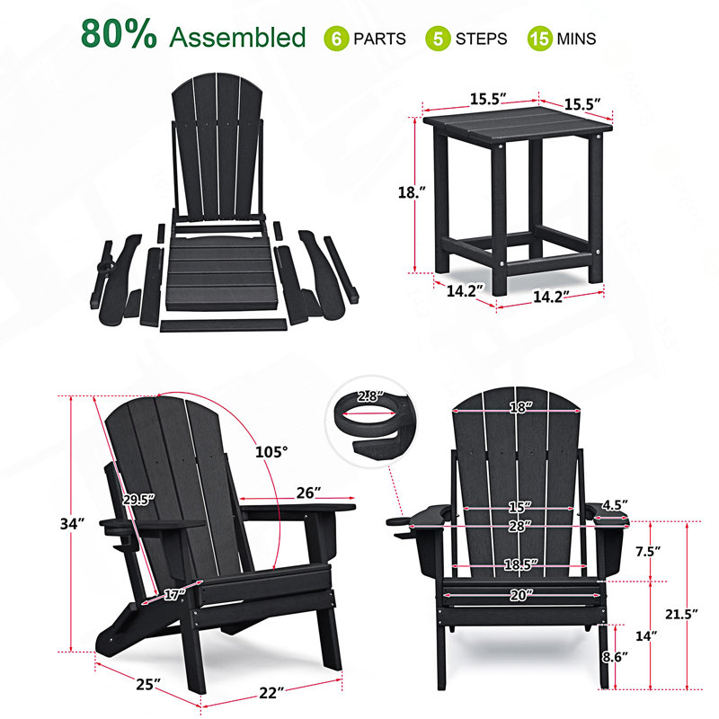 Set Of 2 Folding Outdoor Adirondack Chair And Table Set