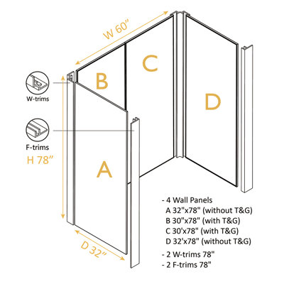 ShowHome W60" H78" D32" Four Walls Shower System White Marble