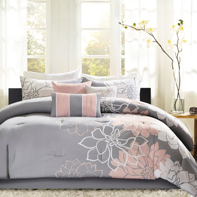Édredon gris / pêche simple / simple TG en coton imprimé avec 3 coussins décoratifs séduisants et une jupe de lit, une jupe, 2 taies décoratives et