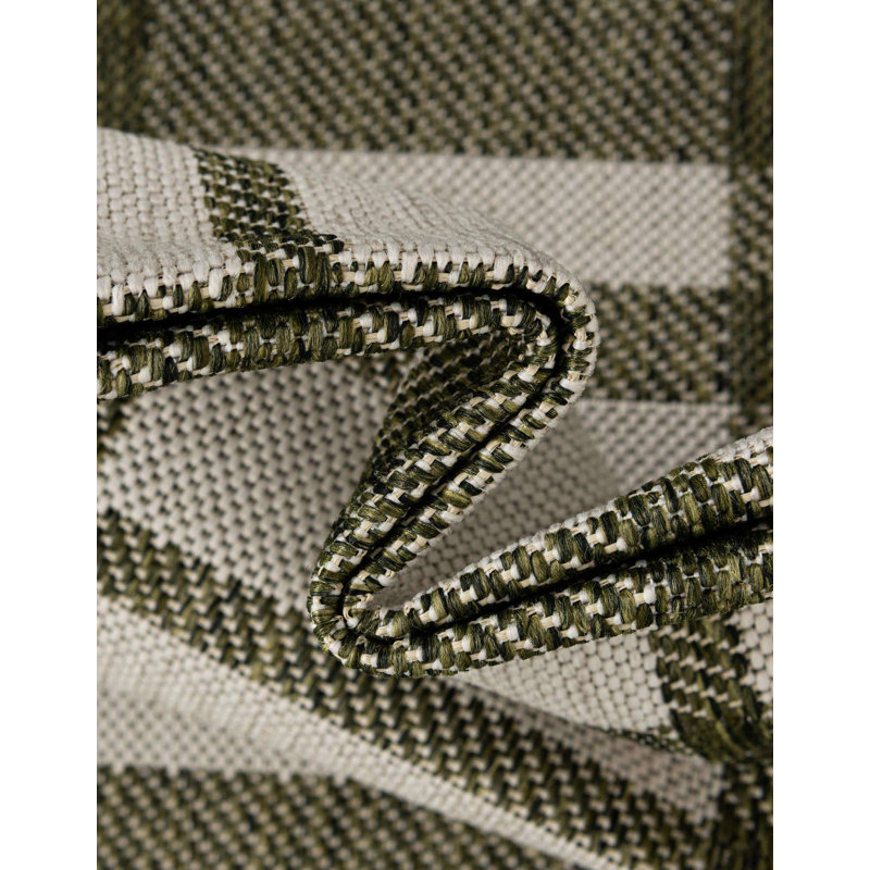 Tatasha Plaid Power Loom Polypropylene Plastic Indoor/Outdoor Area Rug in White/Green, Runner 2'7" x 12'