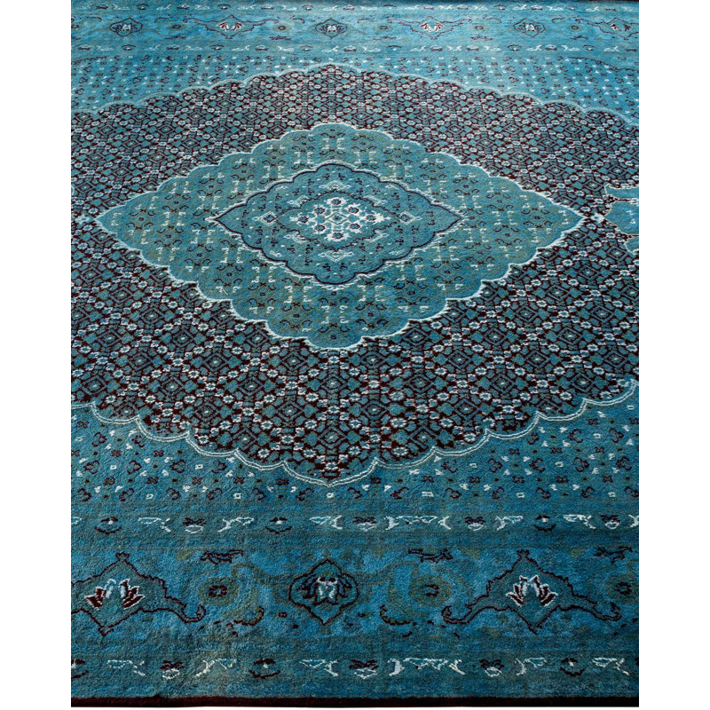Tapis bleu noué à la main de conception unique Chimel