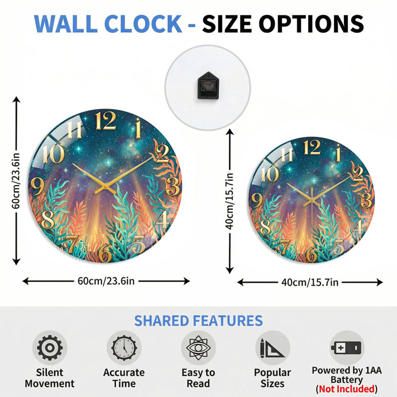 Horloge murale en verre corail cosmique moderne 23,6 po, 60 x 60 cm (23,6 x 23,6 pouces)
