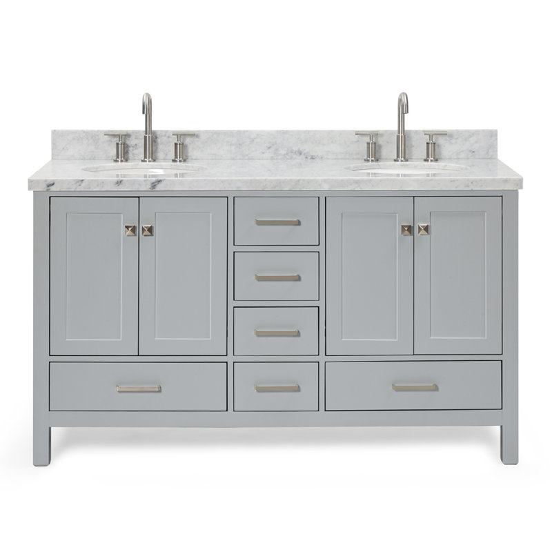 Ensemble de meuble-lavabo double 61 po Cambridge, Gris / Nickel brossé, Ovale