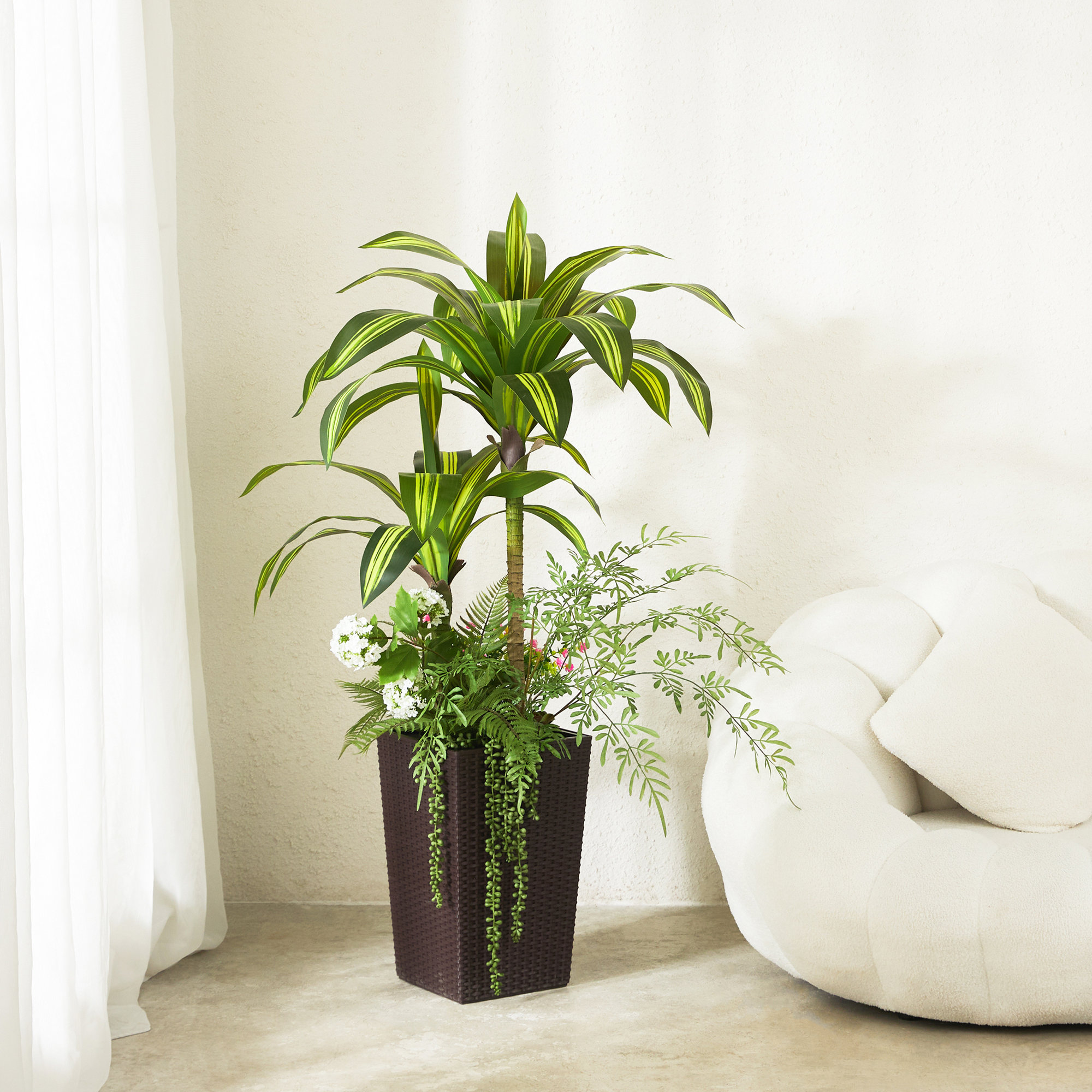 Adcock Artificial Dracaena Tree 4FT - UV Resistant Faux Dracaena with Tapered Planter and Decorative Plants, 1, Brown