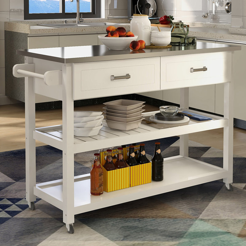 White Kitchen Cart Featuring Stainless Steel Top And Two Drawers - Space Efficient Accessory With Tabletop Simple Saving Design