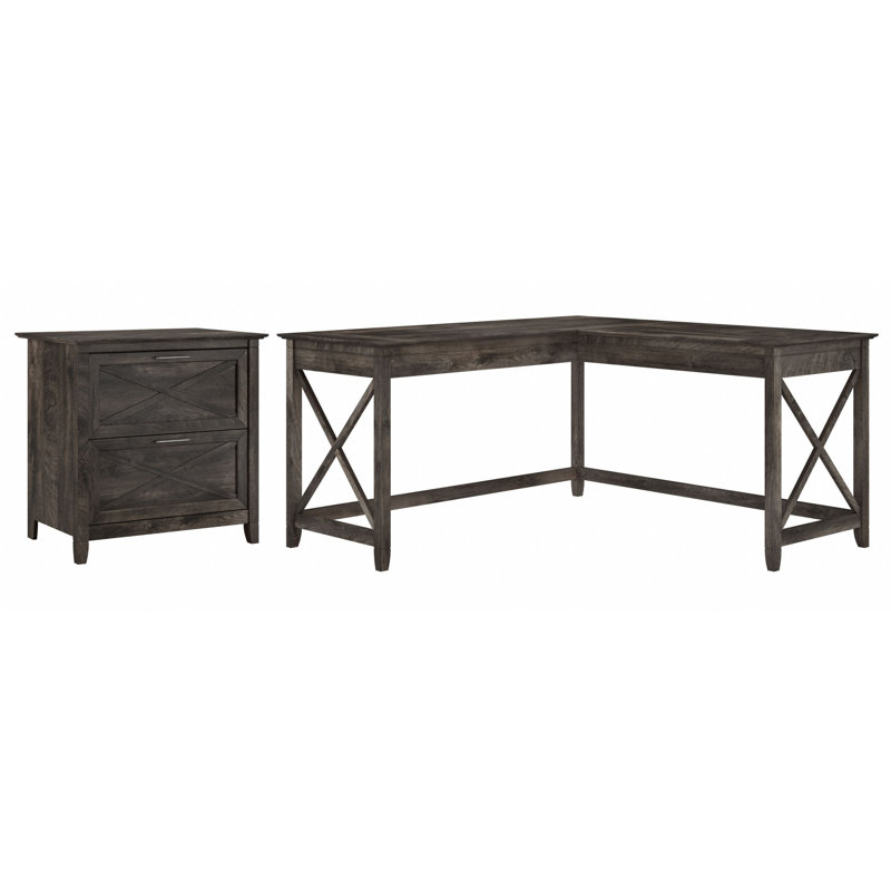 Ozro L-Shaped Executive Desk with 2-Drawer File Cabinet , Dark Gray Hickory
