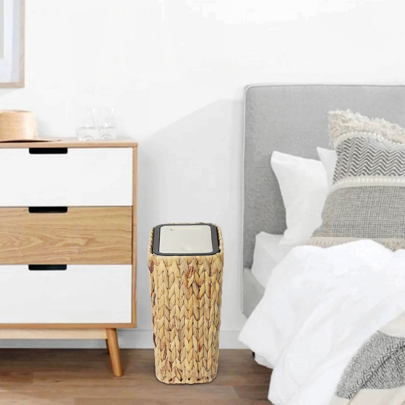 Poubelle, boho avec couvercle, petite poubelle en rotin 2,6 gallons avec couvercle à pression, poubelle tissée et panier à linge 2 en 1 pour salle de bain, cuisine, salon, chambre à coucher