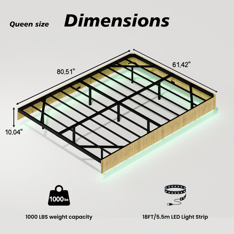 Oak Queen Floating Bed Frame With LED Lights, Wave Curve Texture, And Heavy Duty Metal Slats - No Box Spring Required, Queen