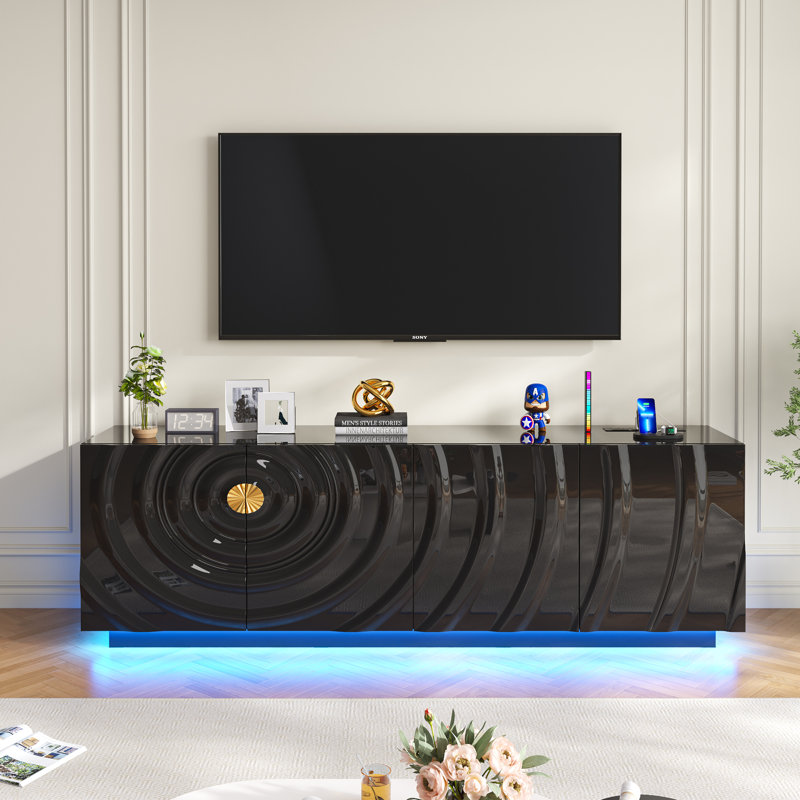 63" W Tv Stand With Motion-Activated Light And Built-In Charging Station, Black