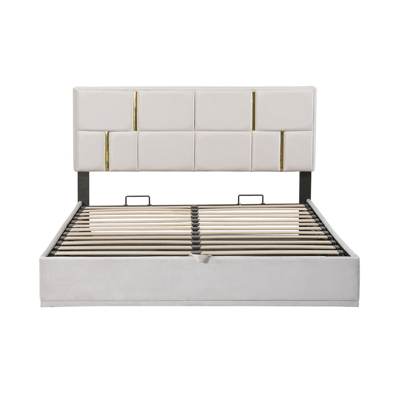 Grand lit plateforme tapissier avec système de rangement hydraulique, aucun sommier nécessaire, Beige