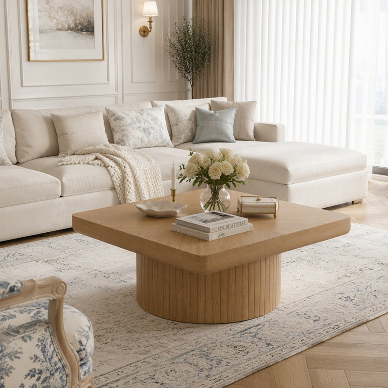 Table basse carrée avec base cylindrique, Naturel