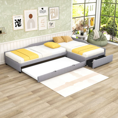 Twin L-Shaped Linen Upholstered Daybed with Twin Trundle and Storage Drawer