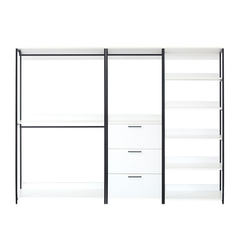 Système d'organisation sur pied en bois avec cadre en métal Kennyth, Blanc, 77,70 po x 111 po x 17,30 po