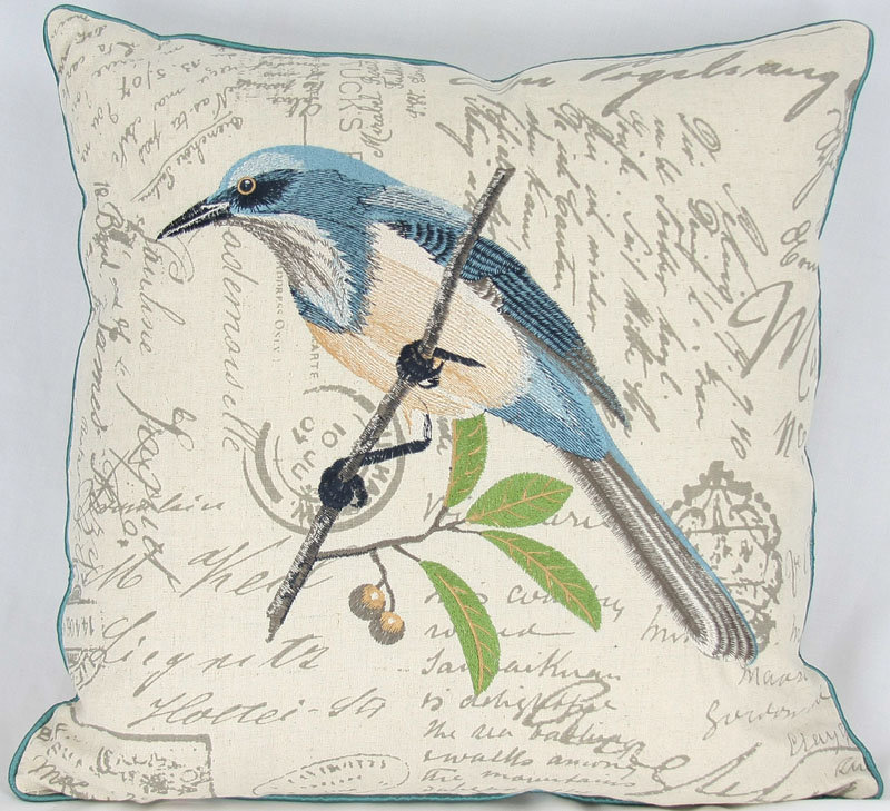 Avian Embroidered Reversible Throw Pillow, Blue, Feather