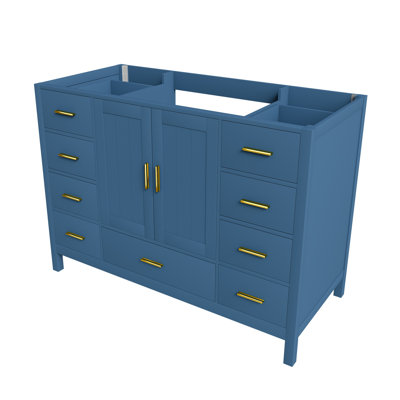 Meuble-lavabo de salle de bain de 122 cm (48 po) avec portes à fermeture amortie et 9 tiroirs, de couleur bleue.