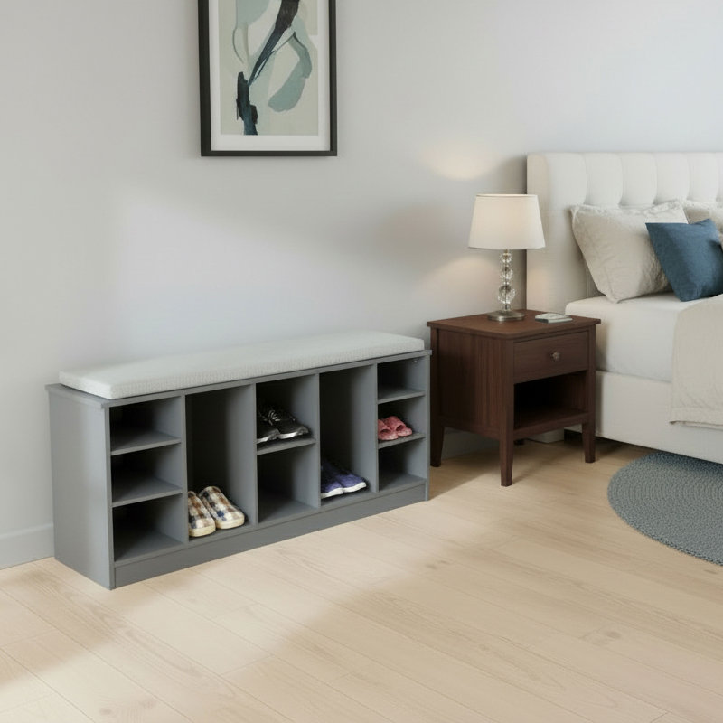  Banc de rangement en bois multi-usages avec coussins, compartiments ouverts et rangement polyvalent pour chaussures, chaussures, espadrilles et accessoires
