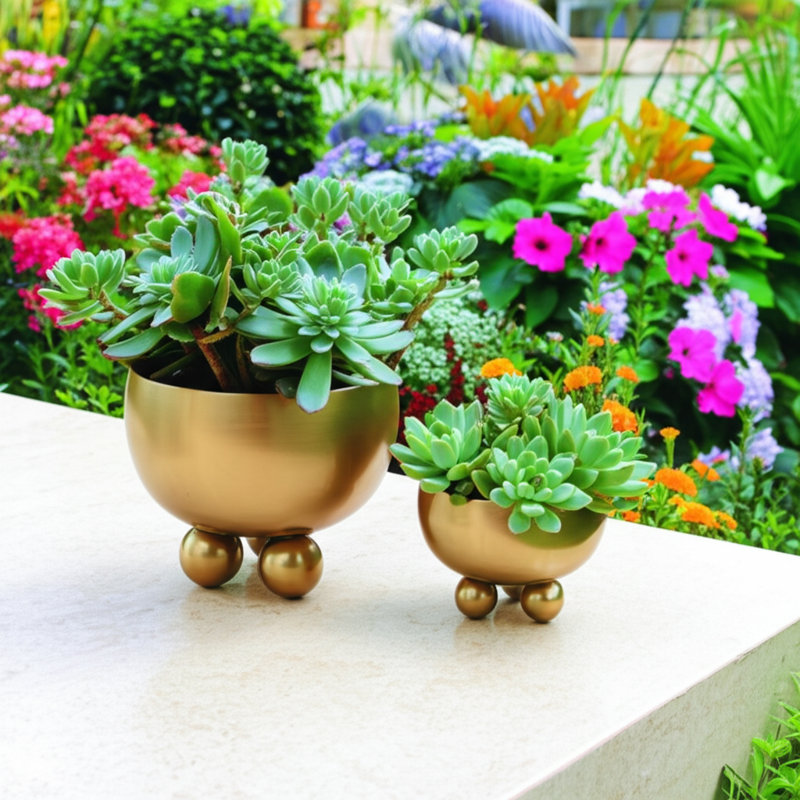 Planters Metal Modern Sleek Decorative Footed Bowl Design Stylish Contemporary Garden Accent Set Of 2, Gold